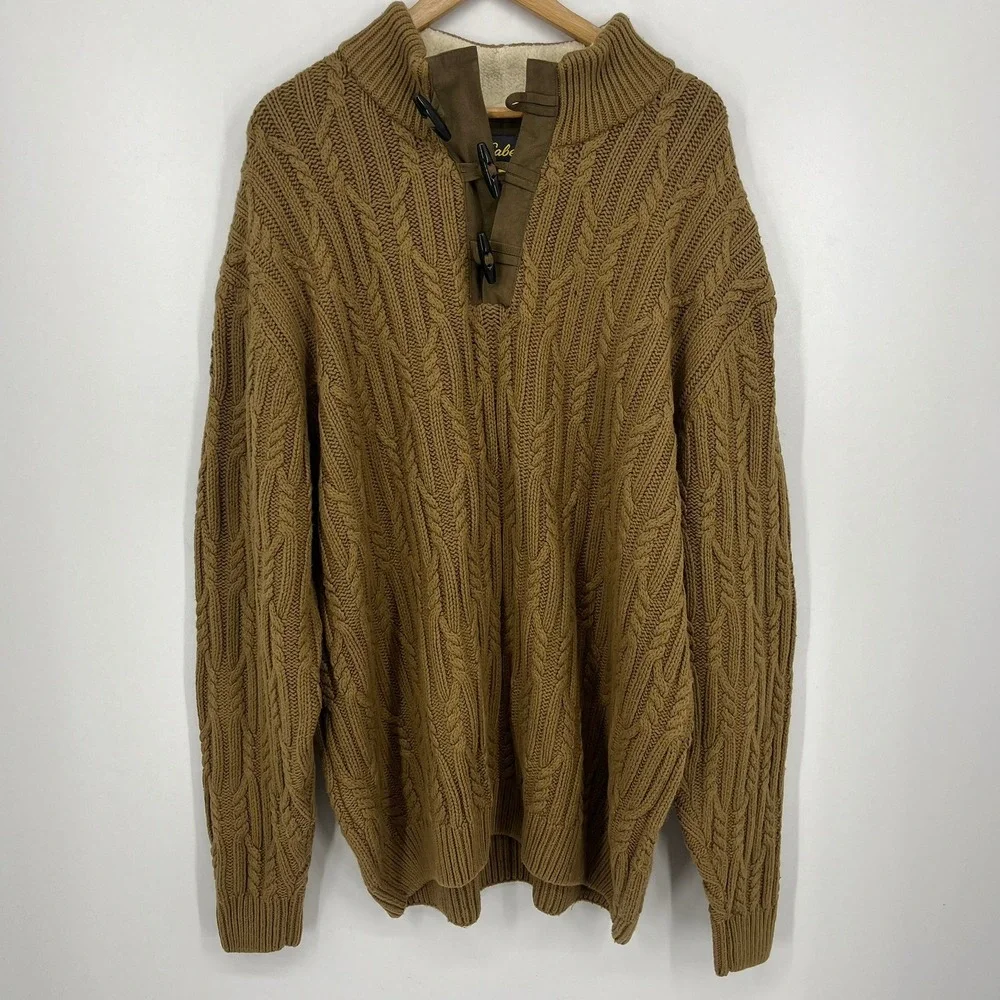 Cabela's Mens 2XL Brown Cable Knit Toggle Fleece Lined Sweater Elbow Patches
